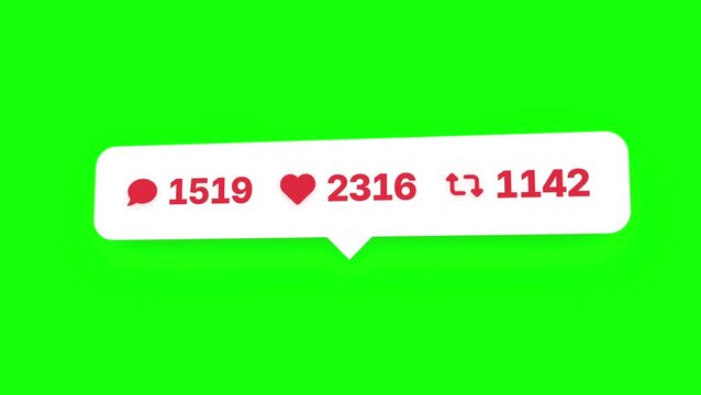 Animated social media engagement notification bar showing likes, comments, and repost counts on a bright green background animation