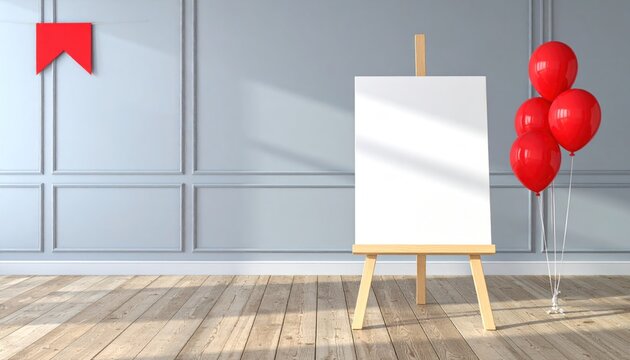 Empty white canvas on easel with red balloons.