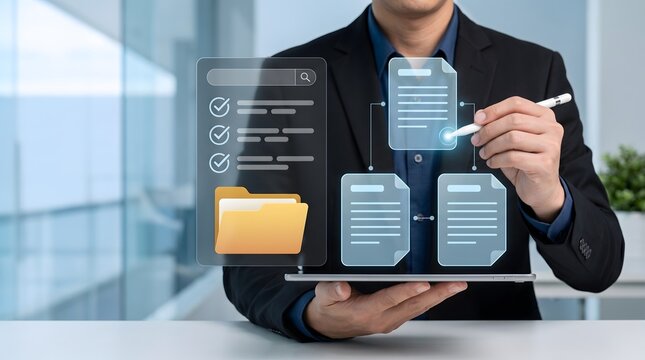Paperless Office Document Management System with Businessman Using Electronic Signature on Digital Compliance Interface