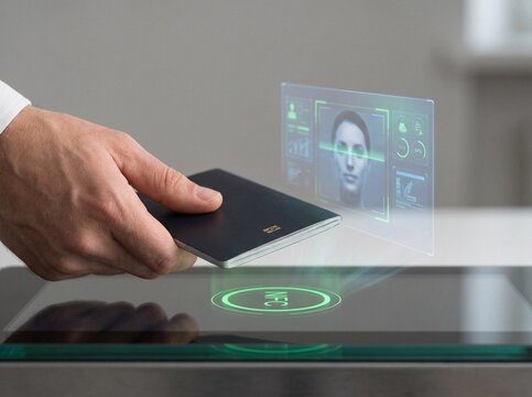 Hand holding electronic passport over glowing green NFC reader with holographic HUD displaying biometric facial recognition scan