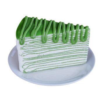 one piece of matcha green tea flavored layered cake on circle white plate isolated on white.