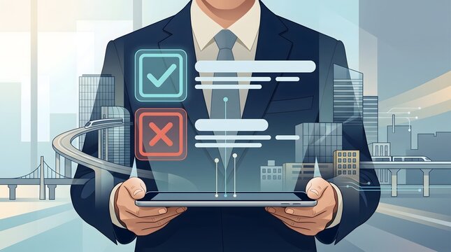 Smart City Infrastructure Planning and Transportation Logistics Showing Businessman Managing Project Approval Checklist