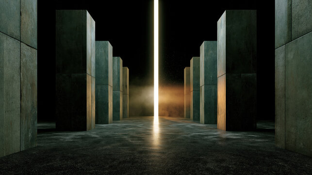 Ancient temple interior with dark stone pillar and glowing light beam in misty hall