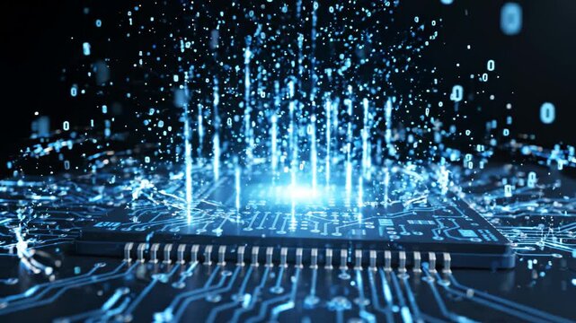 Futuristic Microchip with Glowing Blue Circuit and Rising Binary Data Stream