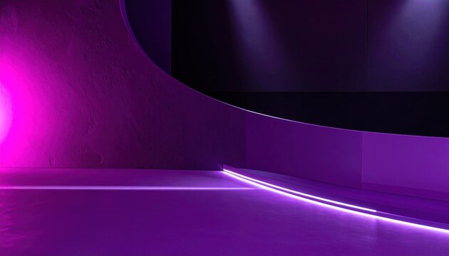 Minimalist purple stage with glowing neon curves.