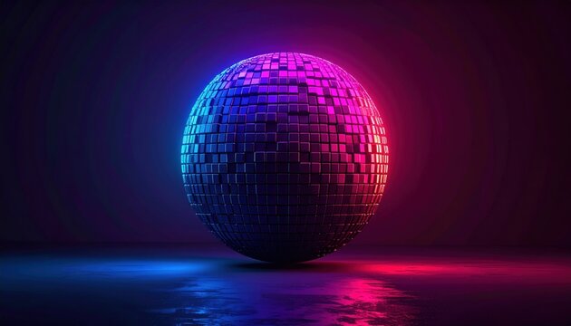 Mirrored sphere reflecting pink and blue neon lights.