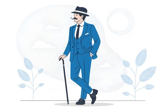 Elegant gentleman in blue suit with walking cane vector illustration, gentleman