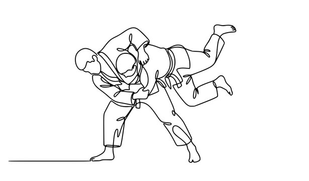 Continuous one line drawing of two young judokas competing in judo match, martial arts training, wrestling fight, and sports competition vector icon