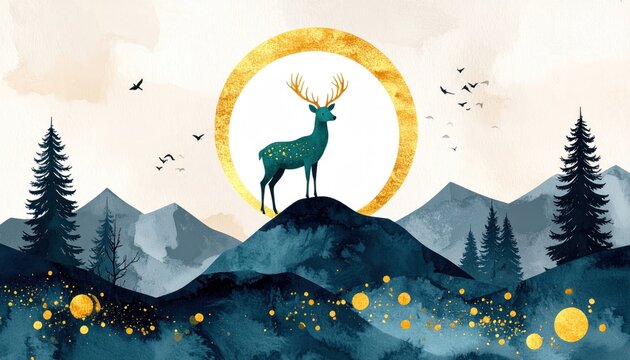 Stag on mountain peak inside golden circular sun.