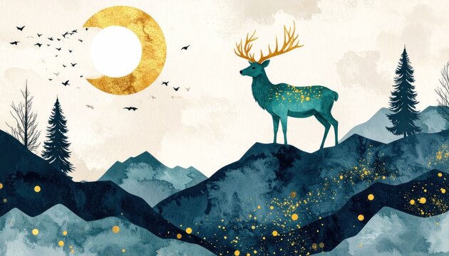 Stag on blue mountain ridge with crescent moon.