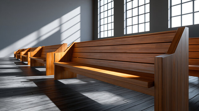 Wooden bench row sunlit interior empty auditorium chapel seating large window shadow pattern polished floor modern hall quiet space architecture design