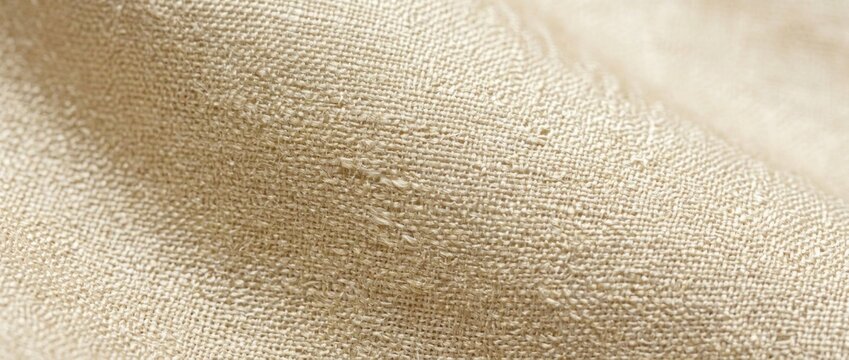 Close up of beige textured linen fabric background.