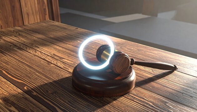 Wooden gavel with glowing neon ring on dark desk.