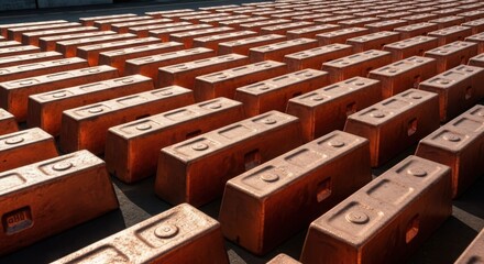 Obraz premium Abundant Copper Ingots Stored in Industrial Setting Viewed From Above