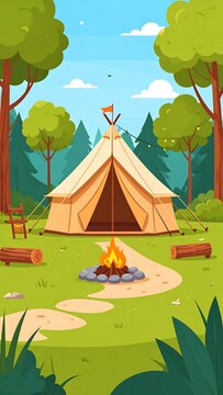 A serene campsite with a tent, campfire, and lush greenery under a blue sky