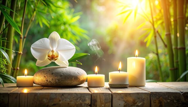 Zen spa stones and orchid with candles.