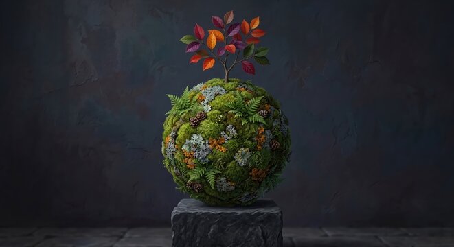 A spherical moss ball adorned with various types of moss, lichen, ferns, and pinecones, topped with a branch bearing colorful autumn leaves, set against a dark, textured background