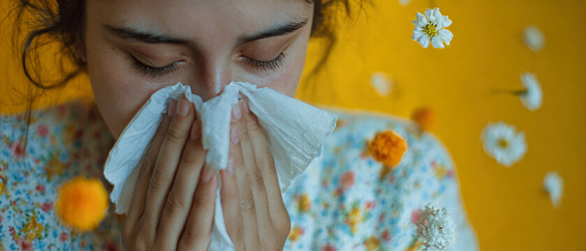A young woman holds a white napkin to her face showing discomfort from pollen. Flowers surround her as she struggles with allergies in a bright setting