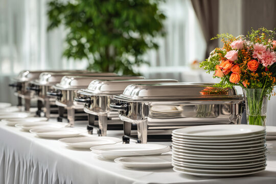 Catering setup features silver food trays placed on a long table with white tablecloth, surrounded by white plates and a flower arrangement