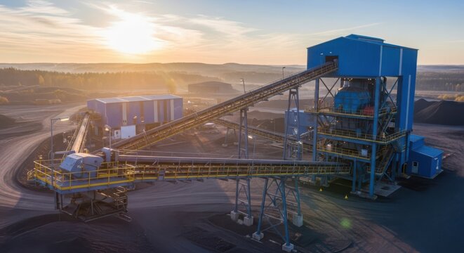 Aerial drone view of a large industrial mining processing plant at sunrise with conveyor belts moving materials