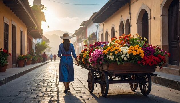 Back view of woman in blue dress and hat pulling wooden flower cart on sunny cobblestone street in historic town
