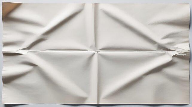 A single sheet of white paper with deep central folds creating a cross shape and soft shadows on a clean minimalist background surface