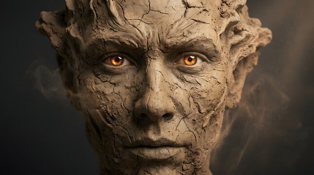 Cracked clay face sculpture with glowing eyes