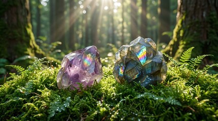 Obraz premium Crystals resting on green moss in forest