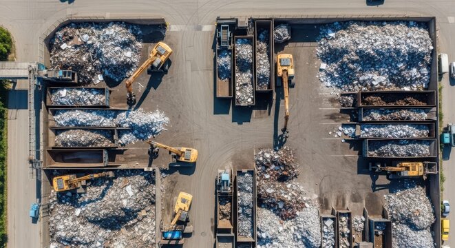 Aerial View of a Busy Scrap Yard with Excavators and Trucks Sorting Recyclable Materials