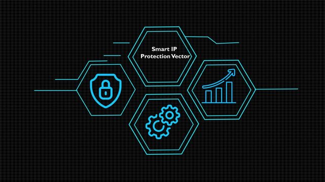 Futuristic blue HUD infographic with hexagon nodes displaying Smart IP Protection text, shield lock, gears, and growth graph on dark grid background.