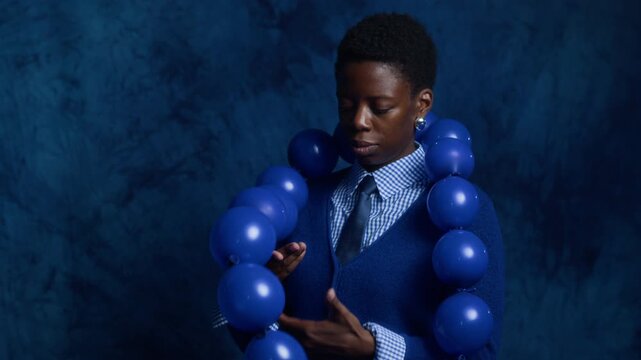 African American young adult woman wearing blue balloon garland holding and examining balloons against blue background. Clip is ideal for creative branding and fashion marketing campaigns