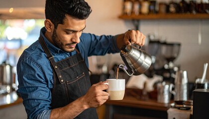 Fototapeta premium Professional barista pouring hot coffee into a ceramic mug at a local cafe shop showing the preparation of a warm beverage for a customer.