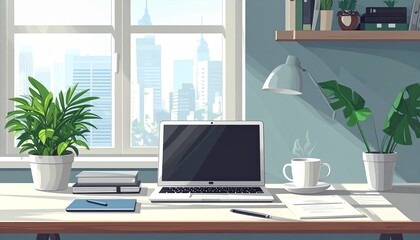 Fototapeta premium Modern home office workspace with laptop computer and house plants featuring a bright window view of a city skyline for professional work.