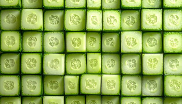 Abstract background featuring numerous square slices of fresh green cucumber arranged in a precise grid pattern for a healthy lifestyle concept.