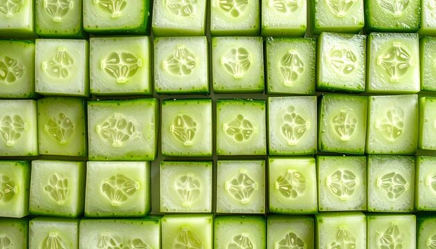 Top view of multiple fresh organic cucumber slices cut into perfect squares arranged in a uniform pattern for a natural spa beauty background.