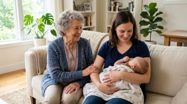 Three generations of women sit together on a sofa: a grandmother, mother, and baby. This image evokes feelings of love, family bonding, generational connection, and the continuation of life.