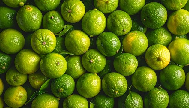 A vibrant top down background of many fresh green limes arranged together creating a bright and healthy citrus fruit pattern for food concepts.