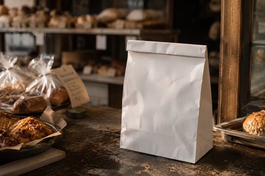 Realistic blank paper bag mockup displayed on a bakery counter. Perfect for bakery branding, food packaging, takeaway packaging, restaurant identity, logo presentations, and retail product designs.