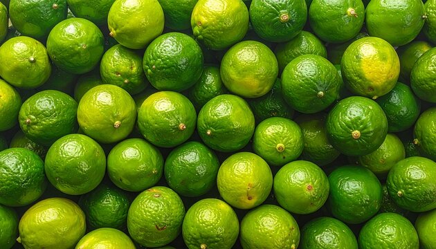 A full frame background of fresh ripe green limes stacked together showcasing vibrant citrus colors and textures for healthy living projects.