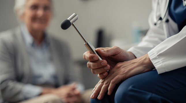 Medical Professional Holding Reflex Hammer in Examination Room with Patient in Background, Conveying Healthcare and Medical Assessment Concepts