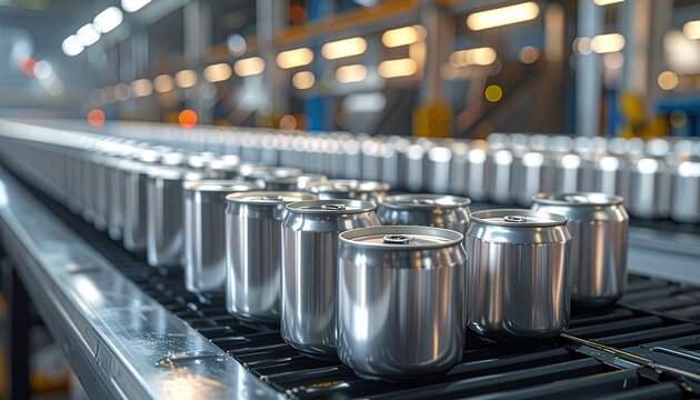 Aluminum cans moving along a high speed production line in a modern manufacturing facility during an automated industrial bottling process.
