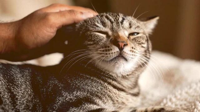 Gentle hand petting sleepy striped cat head slow motion closeup shot of affection and animal love a peaceful moment of connection between human and pet.
