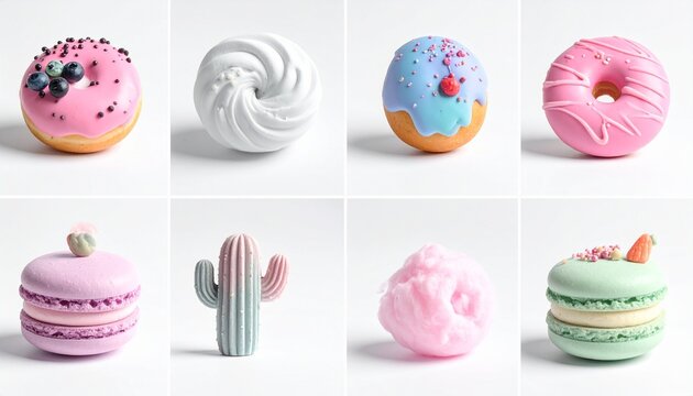 A collection of colorful decorative objects including assorted miniature pastries and stylized items displayed on a clean white studio background.