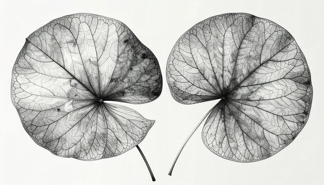 Two delicate semi transparent skeleton leaves placed side by side isolated on a white background showing intricate natural vein structures art.
