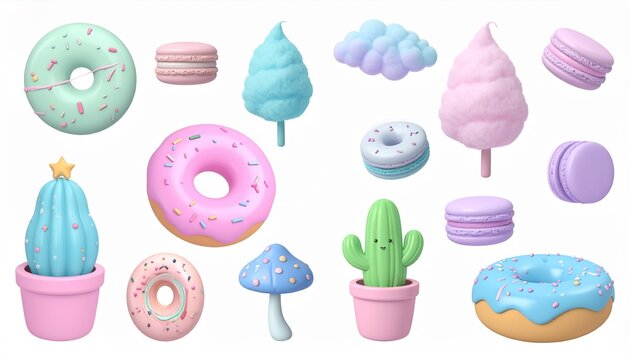 Collection of cute 3D rendered decorative icons featuring colorful donuts macarons cotton candy mushrooms and potted cacti on white background.