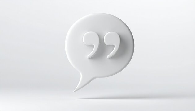 A clean three dimensional white speech bubble icon featuring a quote mark symbol representing communication and dialogue on a plain background.