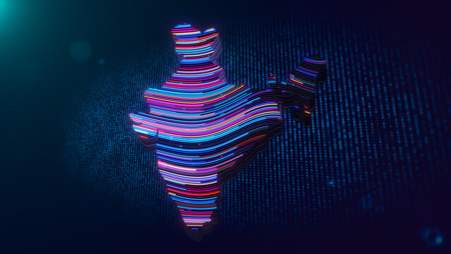 Abstract futuristic illustration featuring a colorful 3D extruded map of India with flowing neon lines, glowing particles, digital dot grid, depth of field, and modern technology aesthetics.