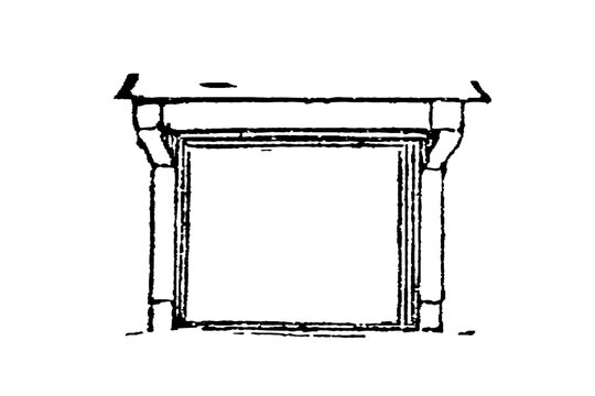 Ornate doorframe elevation with pilasters and decorated frieze, old vintage illustration, 1897.