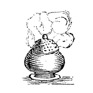 Ribbed pot with rising steam, simple hand-drawn line art, old vintage illustration, 1897.