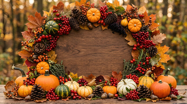 A beautiful autumn wreath made of colorful fall leaves pumpkins berries and pinecones surrounding a rustic wooden board for your holiday message